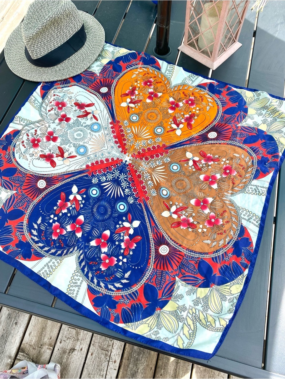 SILK Floral Heart Print Silk Scarf in Brown, Red & Blue cottagecore resort vibe